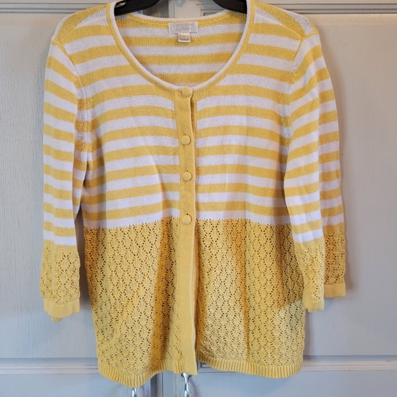Christopher & Banks Yellow White Striped Crochet Knit Button Front Cardigan - Picture 1 of 7